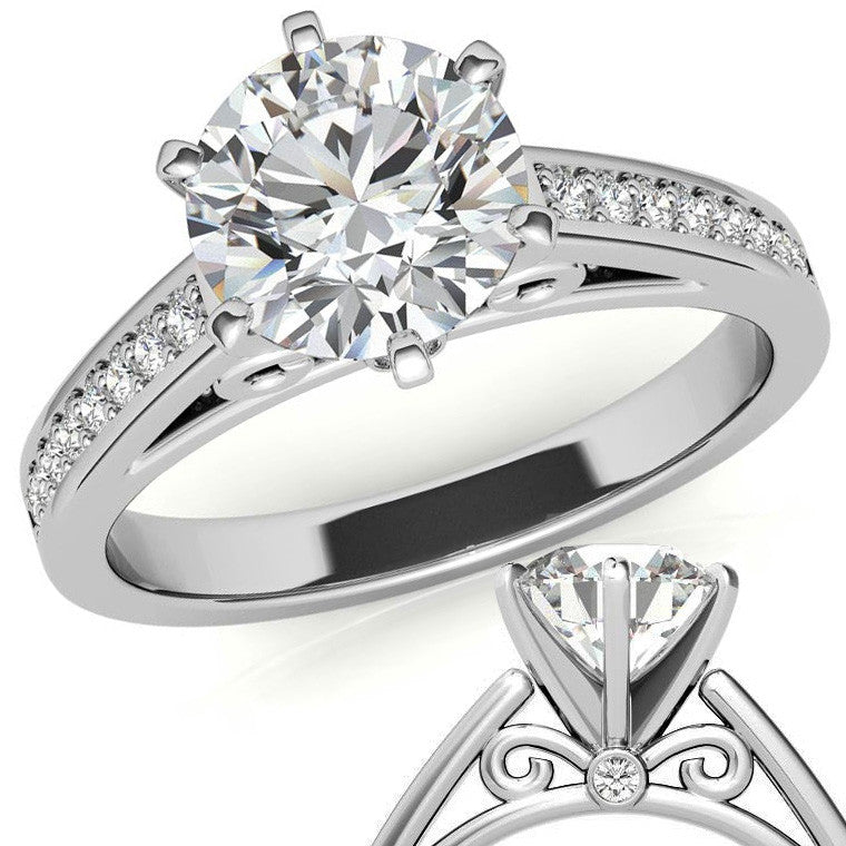 Round Brilliant Moissanite Scroll Cathedral Engagement Ring