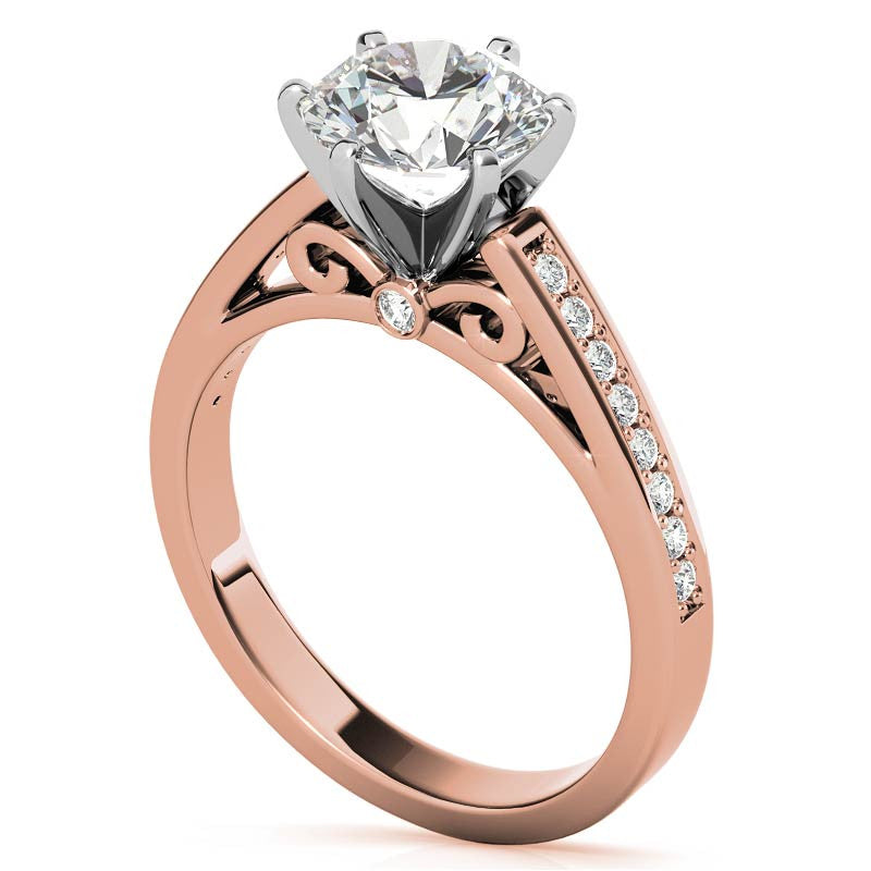 Round Brilliant Moissanite Scroll Cathedral Engagement Ring