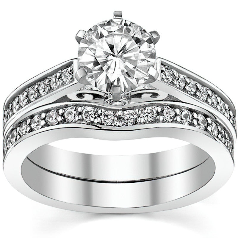 Round Brilliant Moissanite Scroll Cathedral Engagement Ring