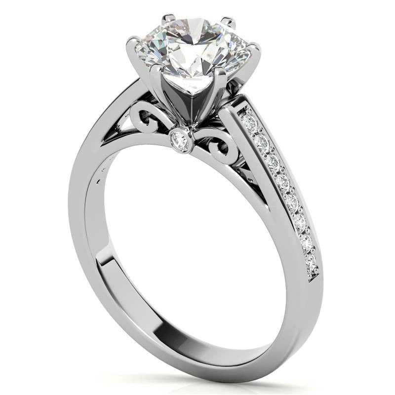 Round Brilliant Moissanite Scroll Cathedral Engagement Ring