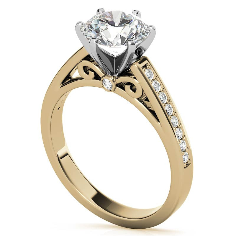 Round Brilliant Moissanite Scroll Cathedral Engagement Ring