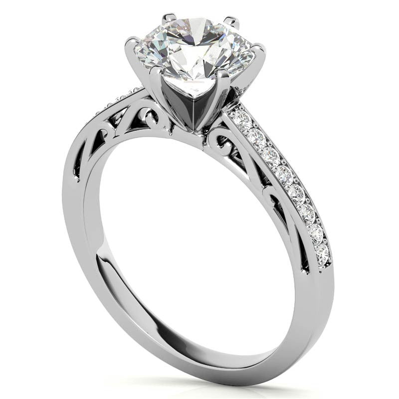 Round Brilliant Moissanite Scroll Engagement Ring