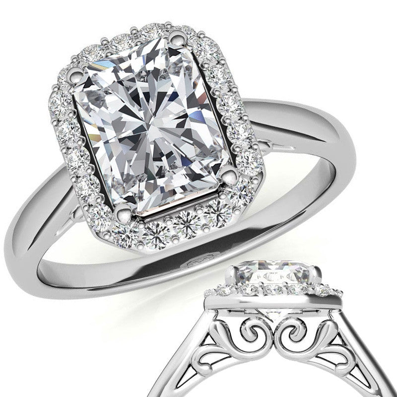 Radiant/Emerald Scroll Halo Moissanite Engagement Ring
