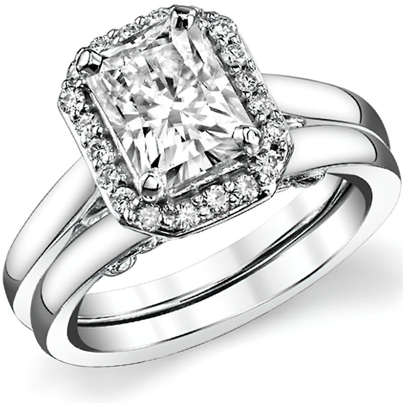 Radiant/Emerald Scroll Halo Moissanite Engagement Ring