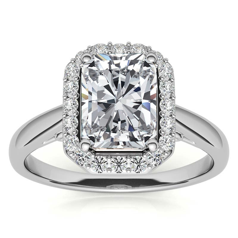Radiant/Emerald Scroll Halo Moissanite Engagement Ring