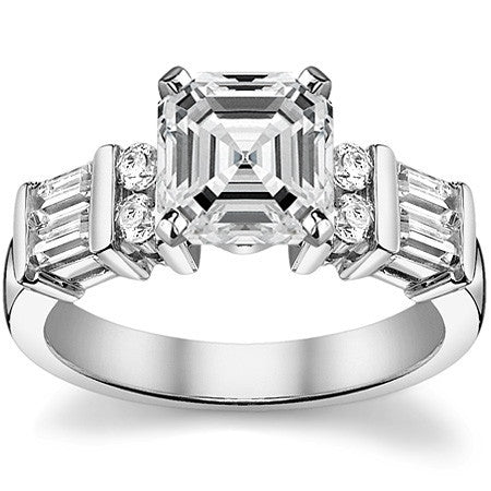 Round & Baguette Moissanite Engagement Ring Setting, 0.85ct