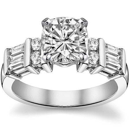 Round & Baguette Moissanite Engagement Ring Setting, 0.85ct