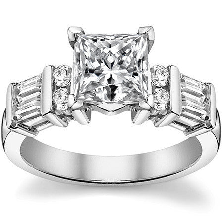 Round & Baguette Moissanite Engagement Ring Setting, 0.85ct