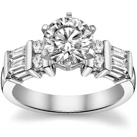 Round & Baguette Moissanite Engagement Ring Setting, 0.85ct