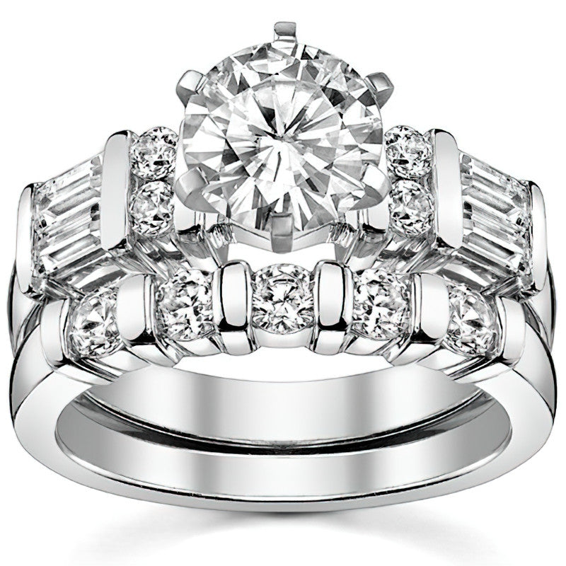 Round & Baguette Moissanite Engagement Ring Setting, 0.85ct