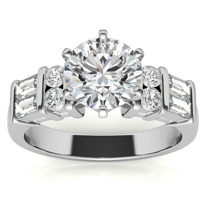 Round & Baguette Moissanite Engagement Ring Setting, 0.85ct