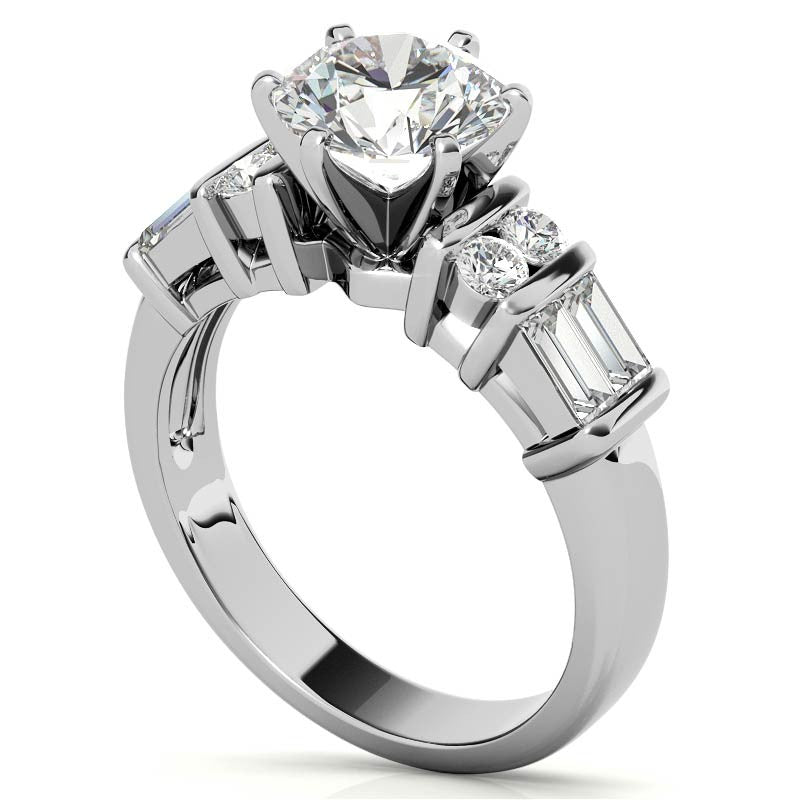 Round & Baguette Moissanite Engagement Ring Setting, 0.85ct