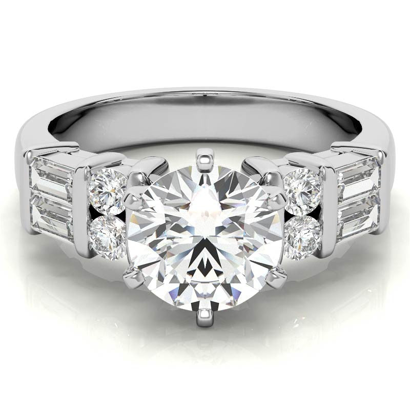 Round & Baguette Moissanite Engagement Ring Setting, 0.85ct
