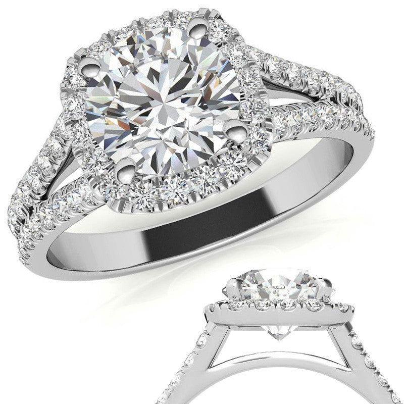 Round Split Shank Cushion Halo Moissanite Engagement Ring