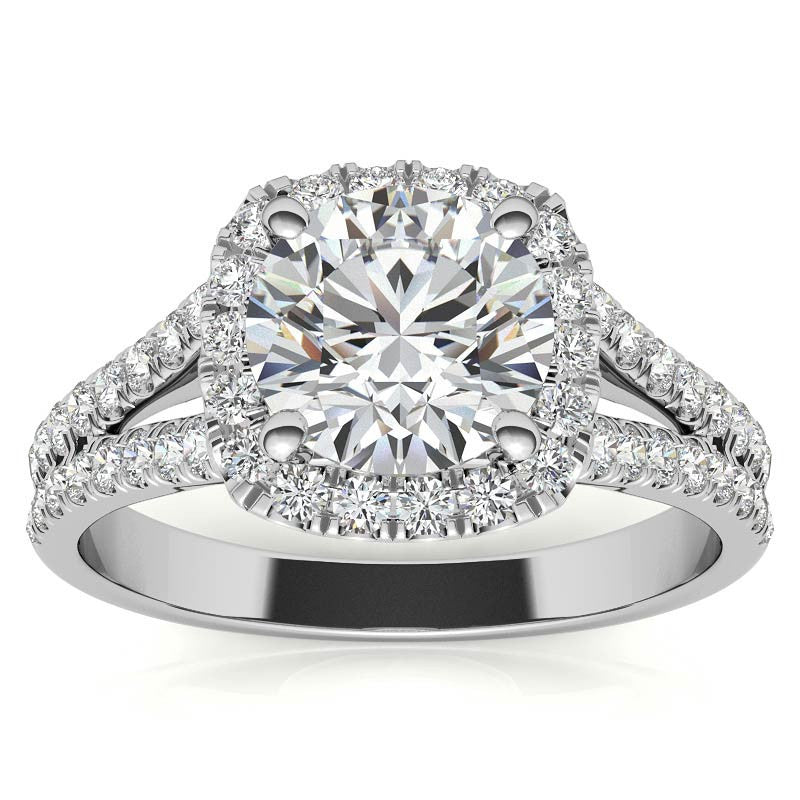 Round Split Shank Cushion Halo Moissanite Engagement Ring