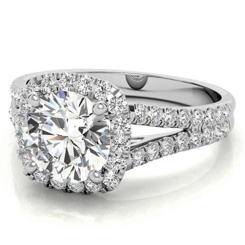 Round Split Shank Cushion Halo Moissanite Engagement Ring