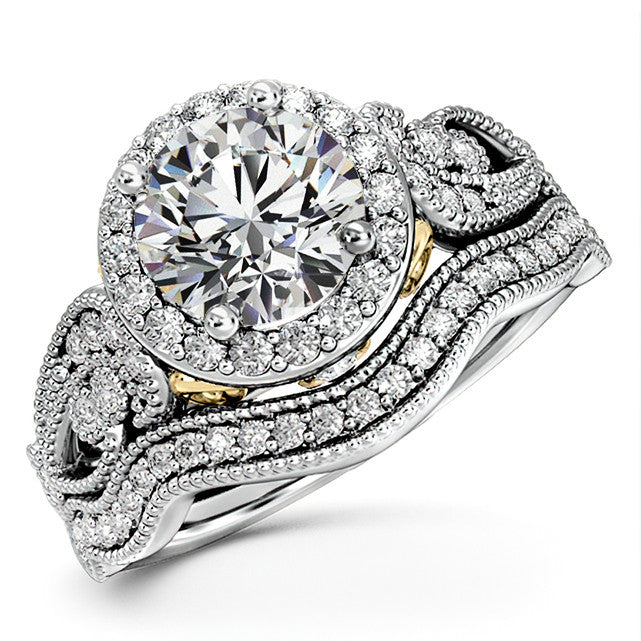 Round Halo Antique Engagement Ring with Milgrain