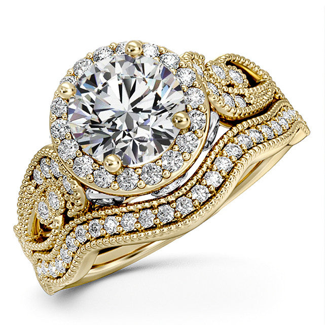 Round Halo Antique Engagement Ring with Milgrain