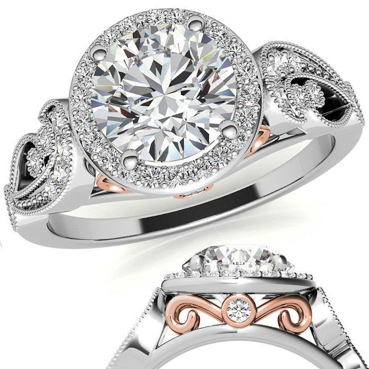 Round Halo Antique Engagement Ring with Milgrain