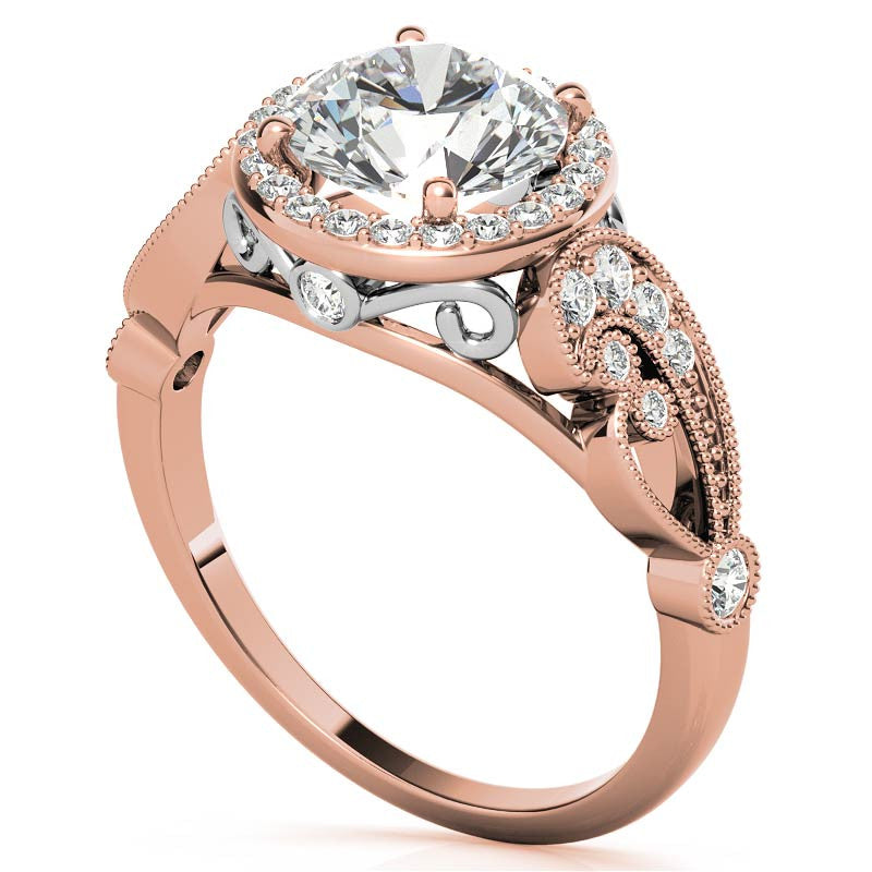 Round Halo Antique Engagement Ring with Milgrain