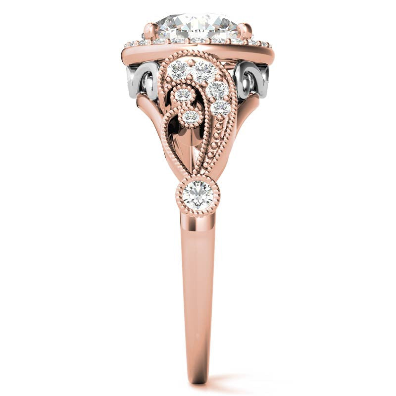Round Halo Antique Engagement Ring with Milgrain