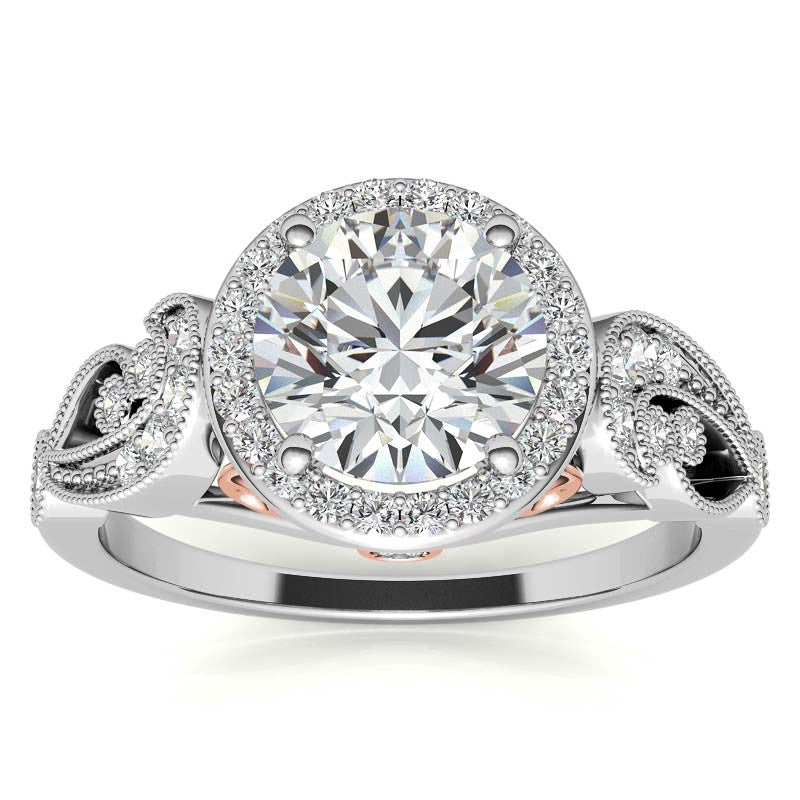 Round Halo Antique Engagement Ring with Milgrain