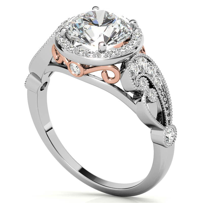 Round Halo Antique Engagement Ring with Milgrain