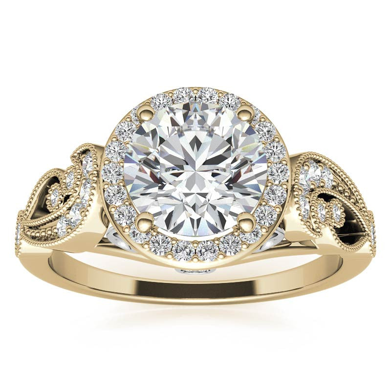 Round Halo Antique Engagement Ring with Milgrain