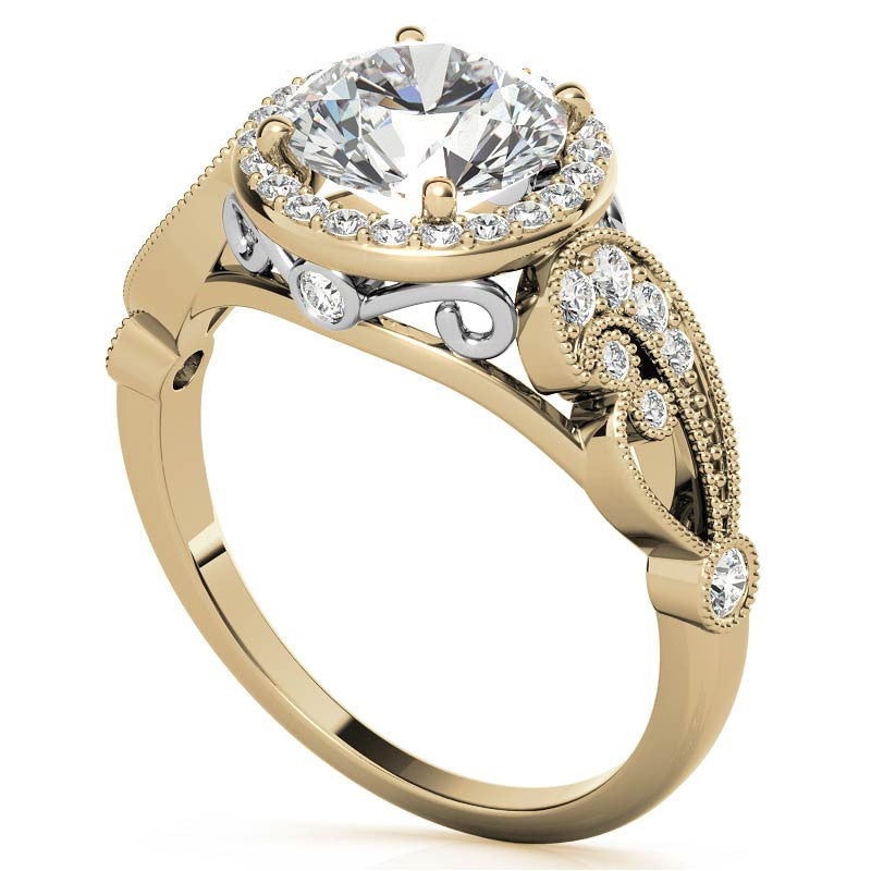 Round Halo Antique Engagement Ring with Milgrain