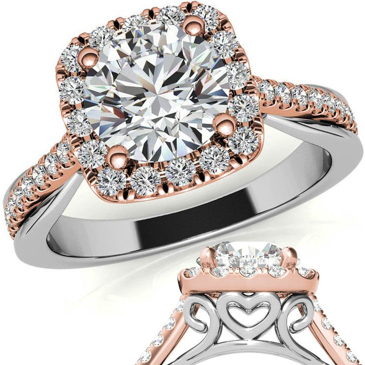 Cathedral Halo Engagement Ring with Heart Accents