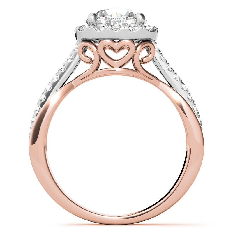 Cathedral Halo Engagement Ring with Heart Accents