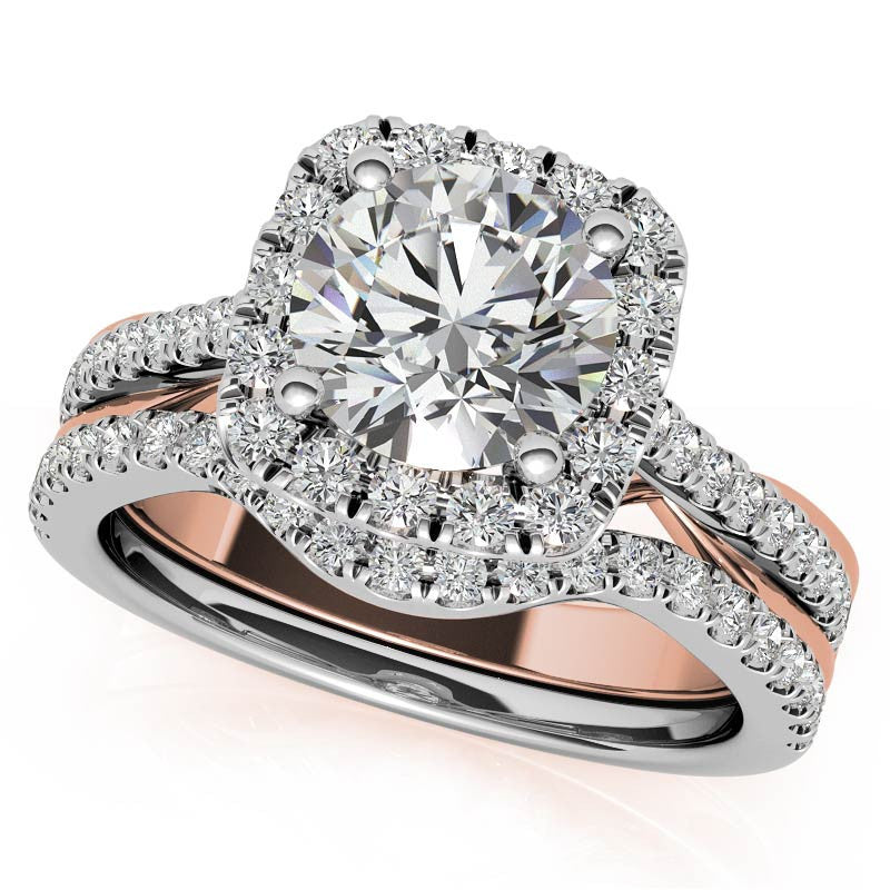 Cathedral Halo Engagement Ring with Heart Accents