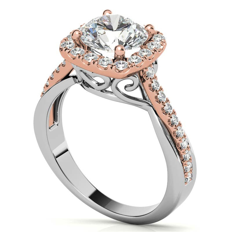 Cathedral Halo Engagement Ring with Heart Accents