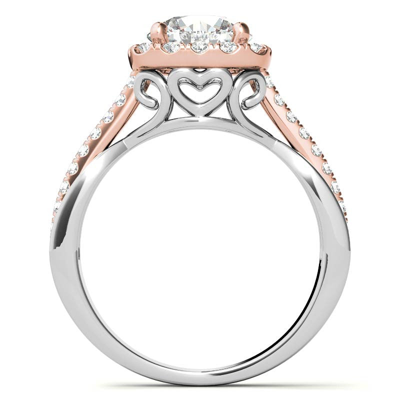 Cathedral Halo Engagement Ring with Heart Accents
