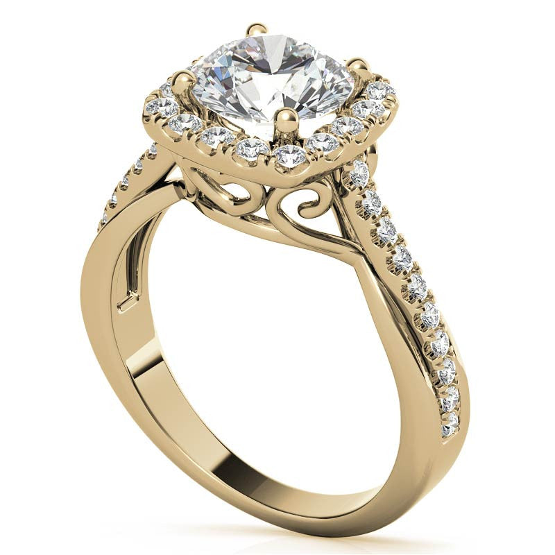 Cathedral Halo Engagement Ring with Heart Accents