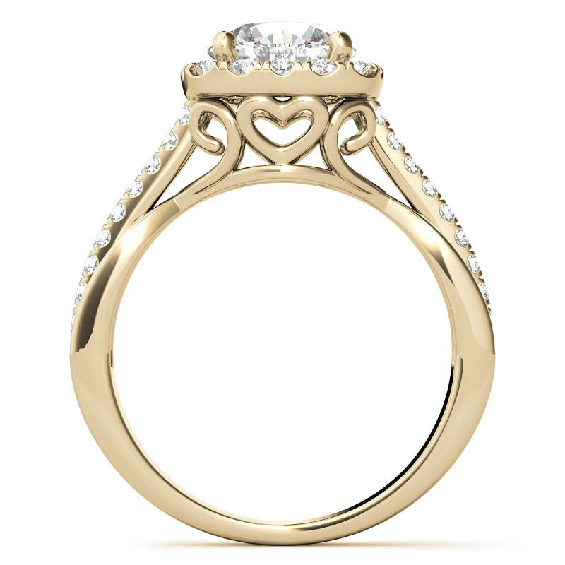 Cathedral Halo Engagement Ring with Heart Accents