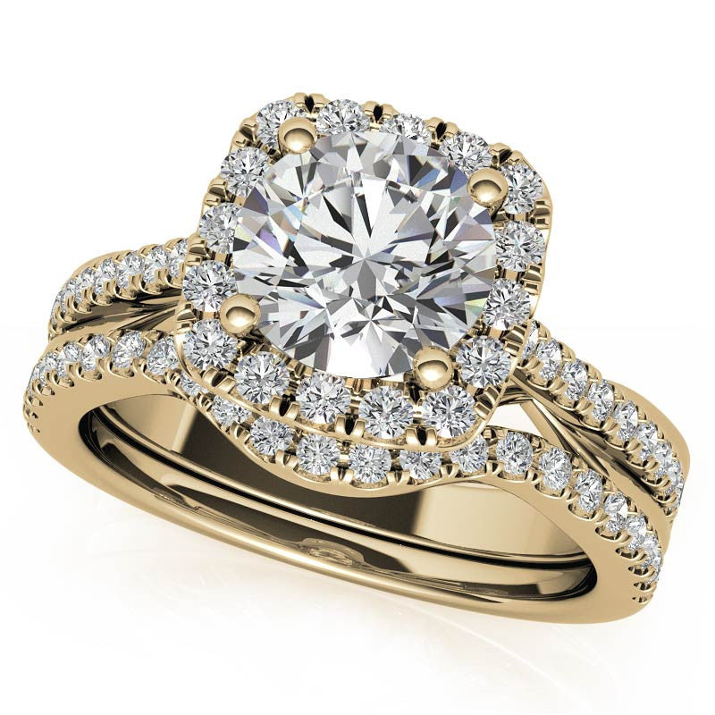 Cathedral Halo Engagement Ring with Heart Accents