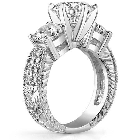 Round Brilliant Moissanite Three-Stone Engagement Ring Antique 2.28ct