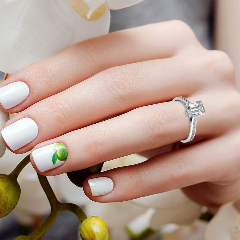 Double Prong Channel Emerald & Round Brilliant Moissanite Engagement Ring