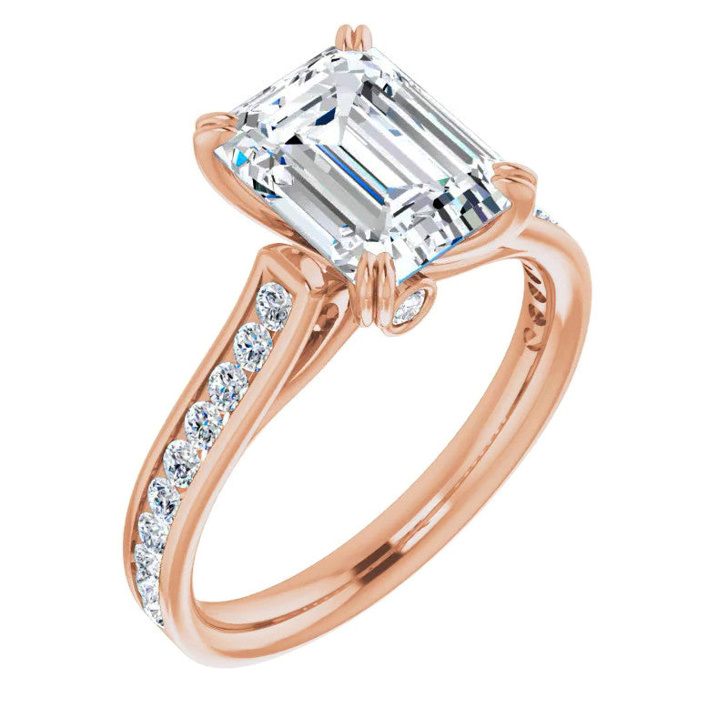 Double Prong Channel Emerald & Round Brilliant Moissanite Engagement Ring