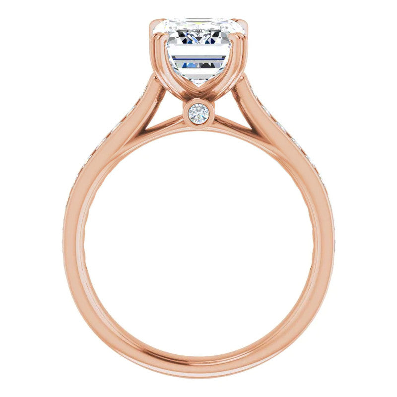Double Prong Channel Emerald & Round Brilliant Moissanite Engagement Ring