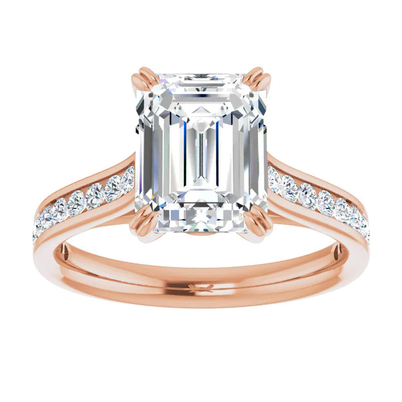 Double Prong Channel Emerald & Round Brilliant Moissanite Engagement Ring