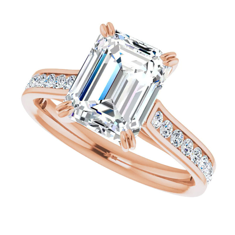Double Prong Channel Emerald & Round Brilliant Moissanite Engagement Ring