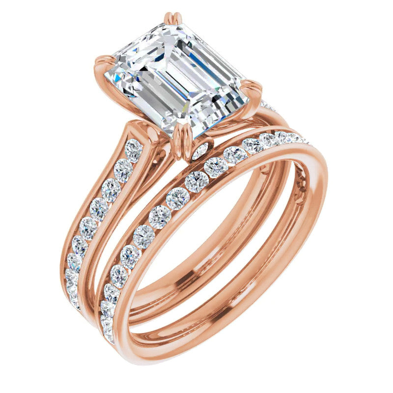 Double Prong Channel Emerald & Round Brilliant Moissanite Engagement Ring