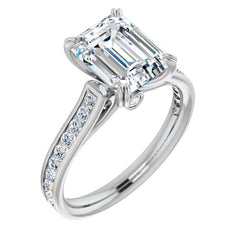 Double Prong Channel Emerald & Round Brilliant Moissanite Engagement Ring