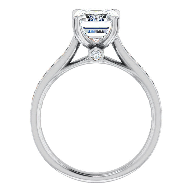 Double Prong Channel Emerald & Round Brilliant Moissanite Engagement Ring