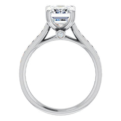 Double Prong Channel Emerald & Round Brilliant Moissanite Engagement Ring