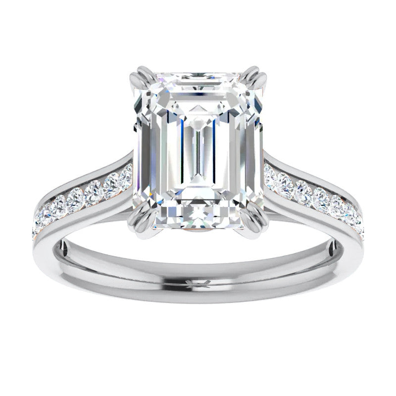 Double Prong Channel Emerald & Round Brilliant Moissanite Engagement Ring
