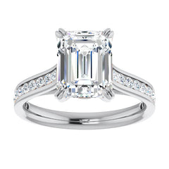 Double Prong Channel Emerald & Round Brilliant Moissanite Engagement Ring