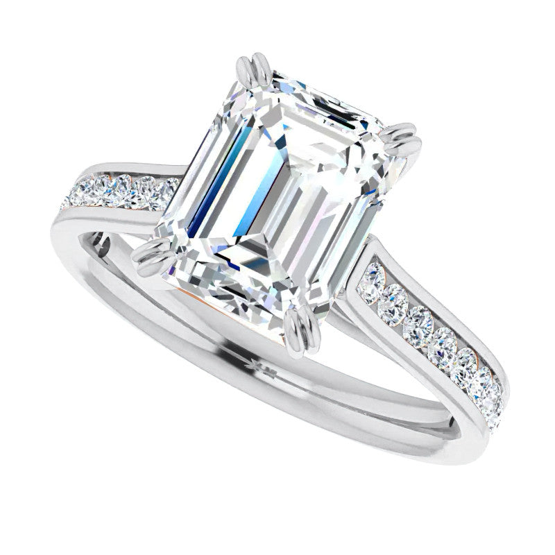 Double Prong Channel Emerald & Round Brilliant Moissanite Engagement Ring